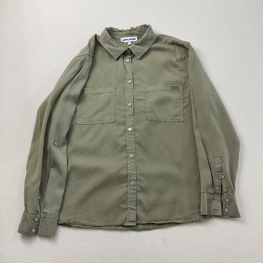 DKNY Jeans Olive Green Button Down Collared Shirt Womens XL